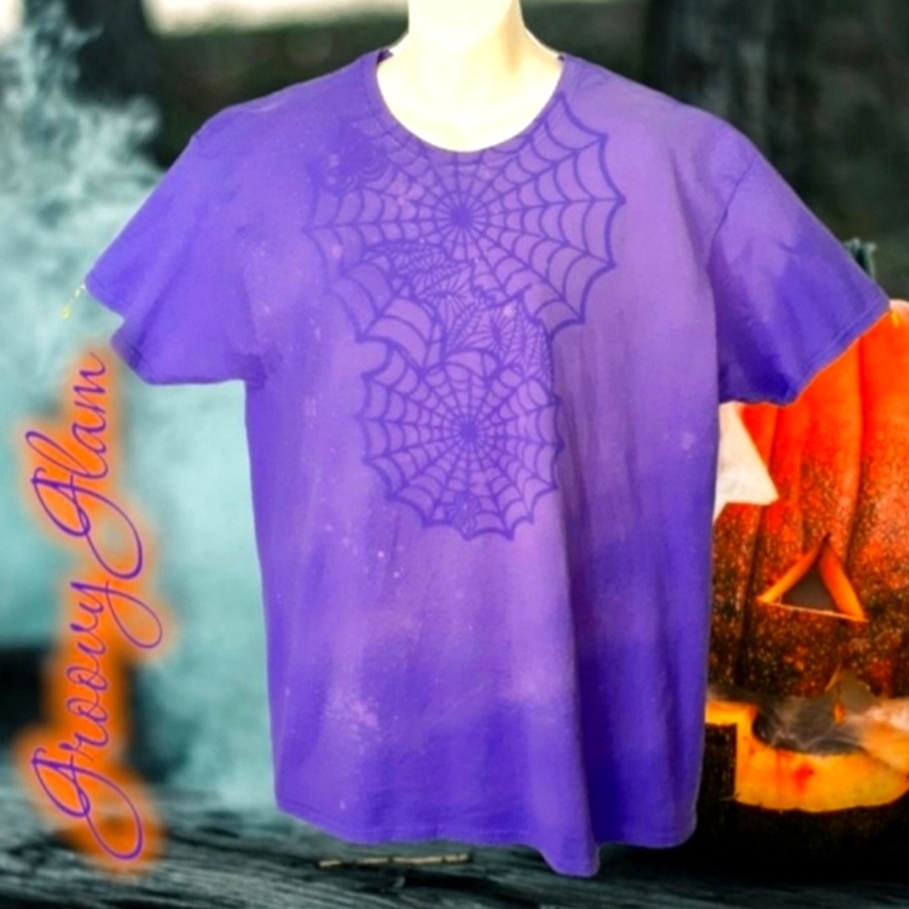 GROOVY GLAM Purple Handmade  Halloween Spiderweb Bleached Art Unisex Tee Shirt